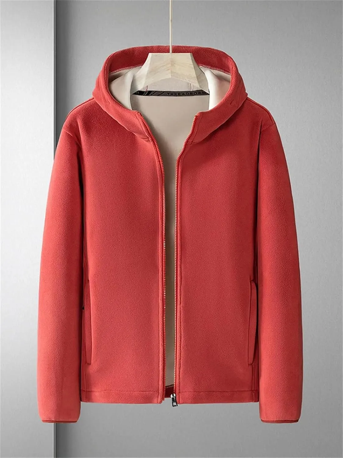 Men Zipper Up Hooded Solid Jacket Classic Plush Patchwork Warm Long Sleeve Coat