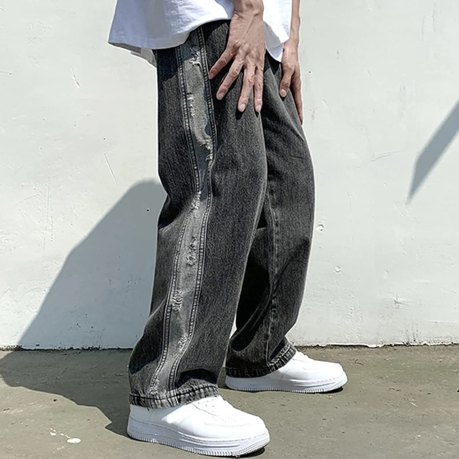 Men's Baggy Jeans Straight Wide Leg Relaxed Fit Classic Denim Pants Zip Up Vintage Hip Hop Denim Trousers Streetwear