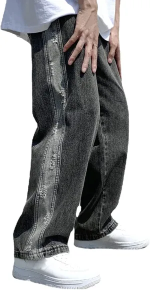 Men's Baggy Jeans Straight Wide Leg Relaxed Fit Classic Denim Pants Zip Up Vintage Hip Hop Denim Trousers Streetwear