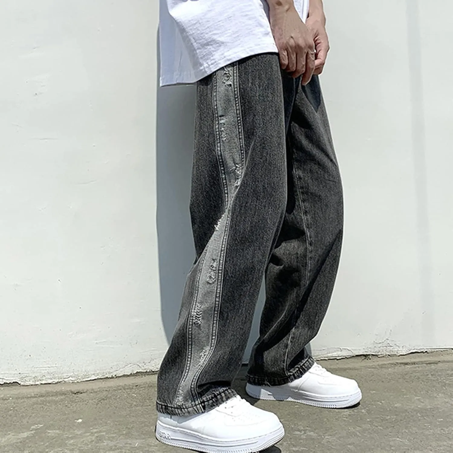 Men's Baggy Jeans Straight Wide Leg Relaxed Fit Classic Denim Pants Zip Up Vintage Hip Hop Denim Trousers Streetwear