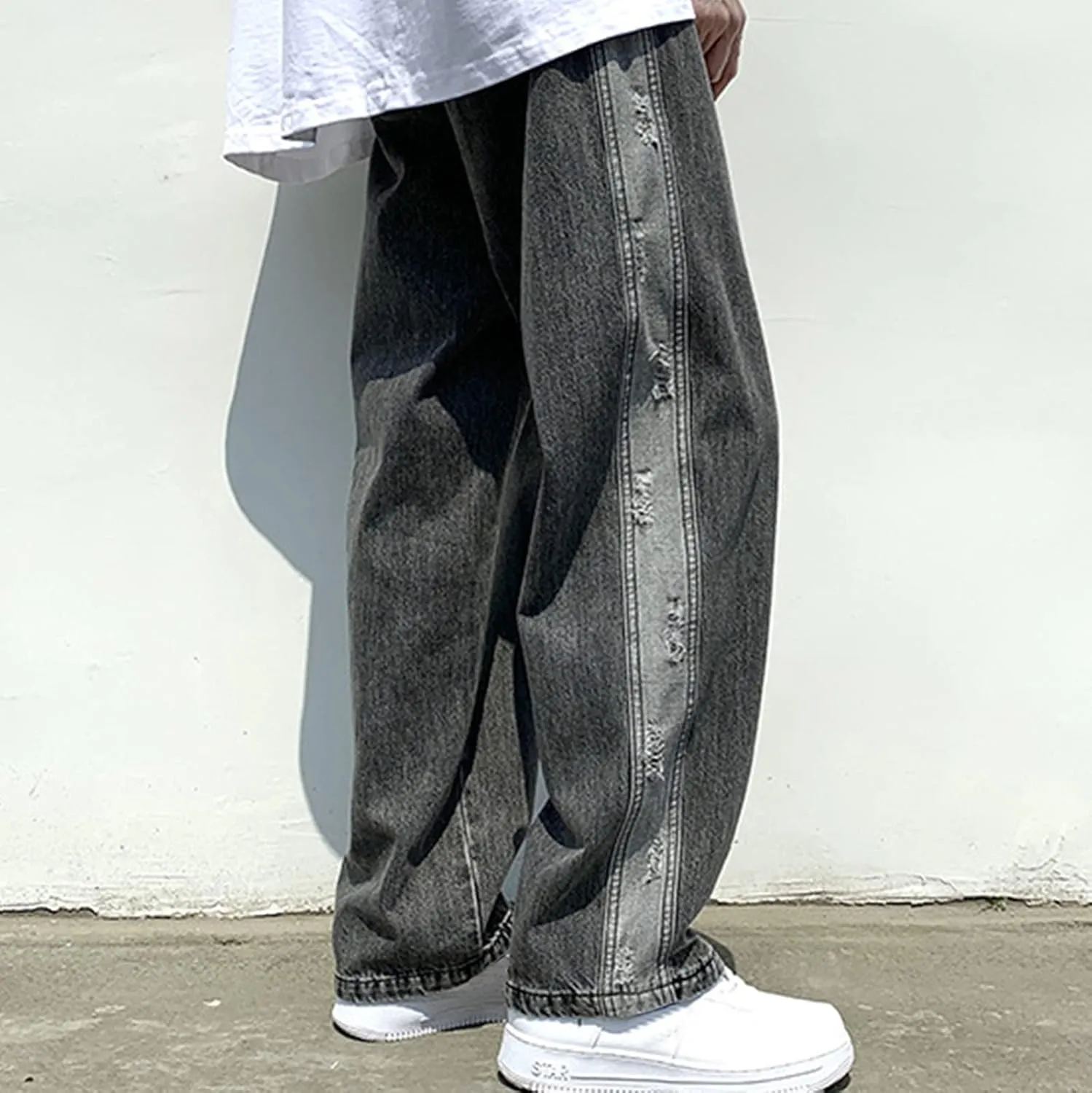 Men's Baggy Jeans Straight Wide Leg Relaxed Fit Classic Denim Pants Zip Up Vintage Hip Hop Denim Trousers Streetwear