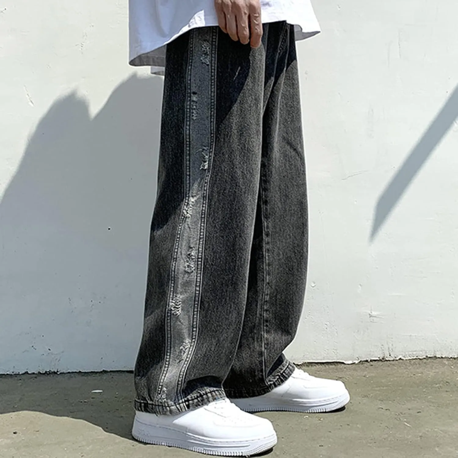 Men's Baggy Jeans Straight Wide Leg Relaxed Fit Classic Denim Pants Zip Up Vintage Hip Hop Denim Trousers Streetwear