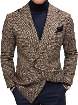 Mens Double Breasted Blazer Slim Fit Plain Grid Suit Jacket Blazer Wedding Prom Tuxedos Suit