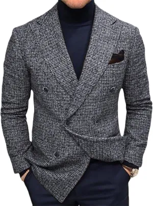 Mens Double Breasted Blazer Slim Fit Plain Grid Suit Jacket Blazer Wedding Prom Tuxedos Suit
