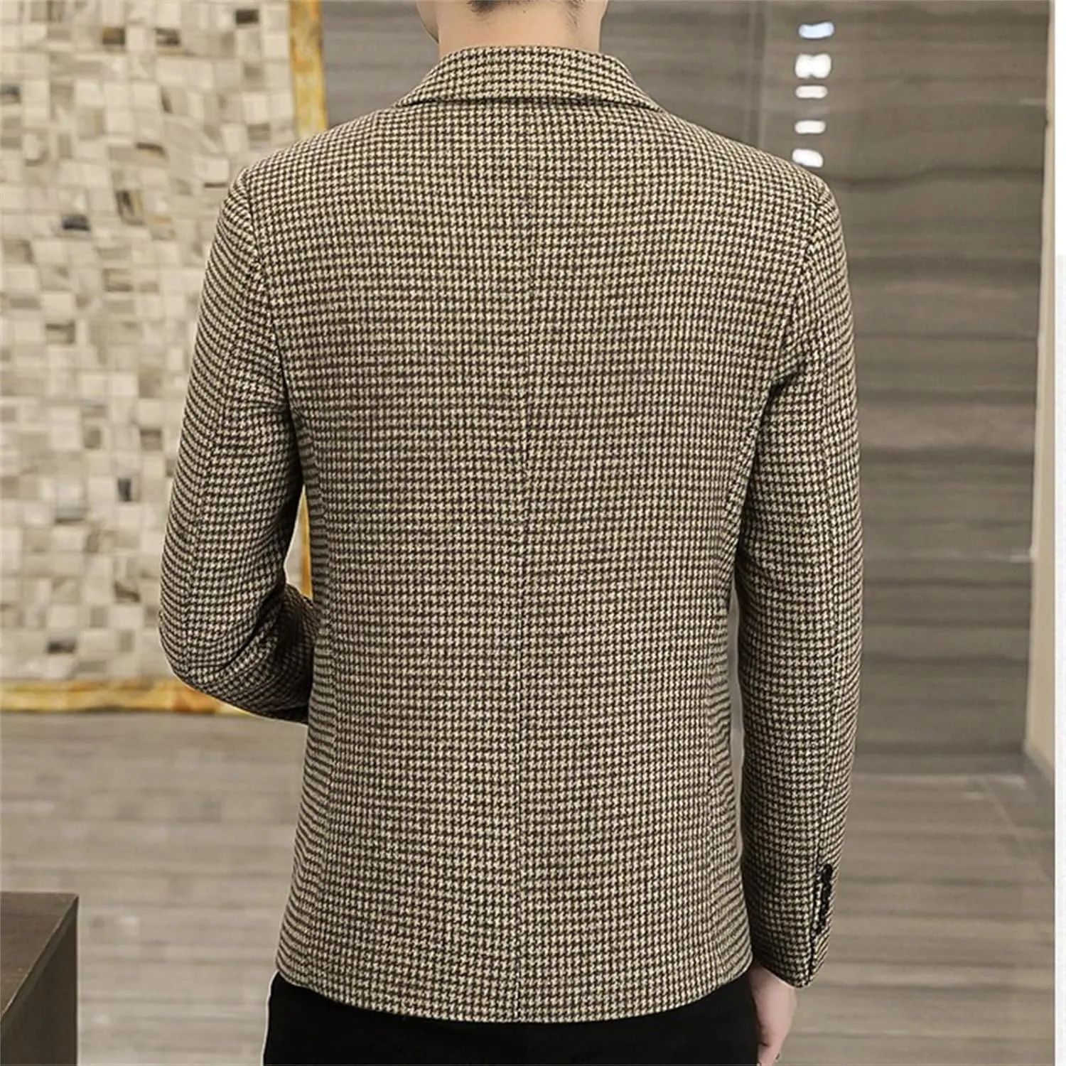 Men's Houndstooth Plaid Slim Fit Tuxedo Prom Wedding Groom Suits Casual One Button Blazer Jacket