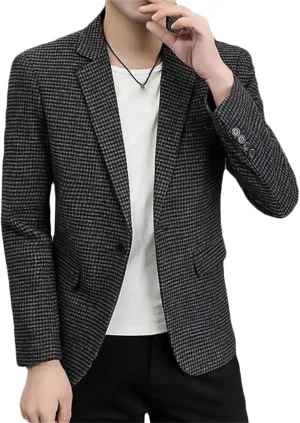 Men's Houndstooth Plaid Slim Fit Tuxedo Prom Wedding Groom Suits Casual One Button Blazer Jacket
