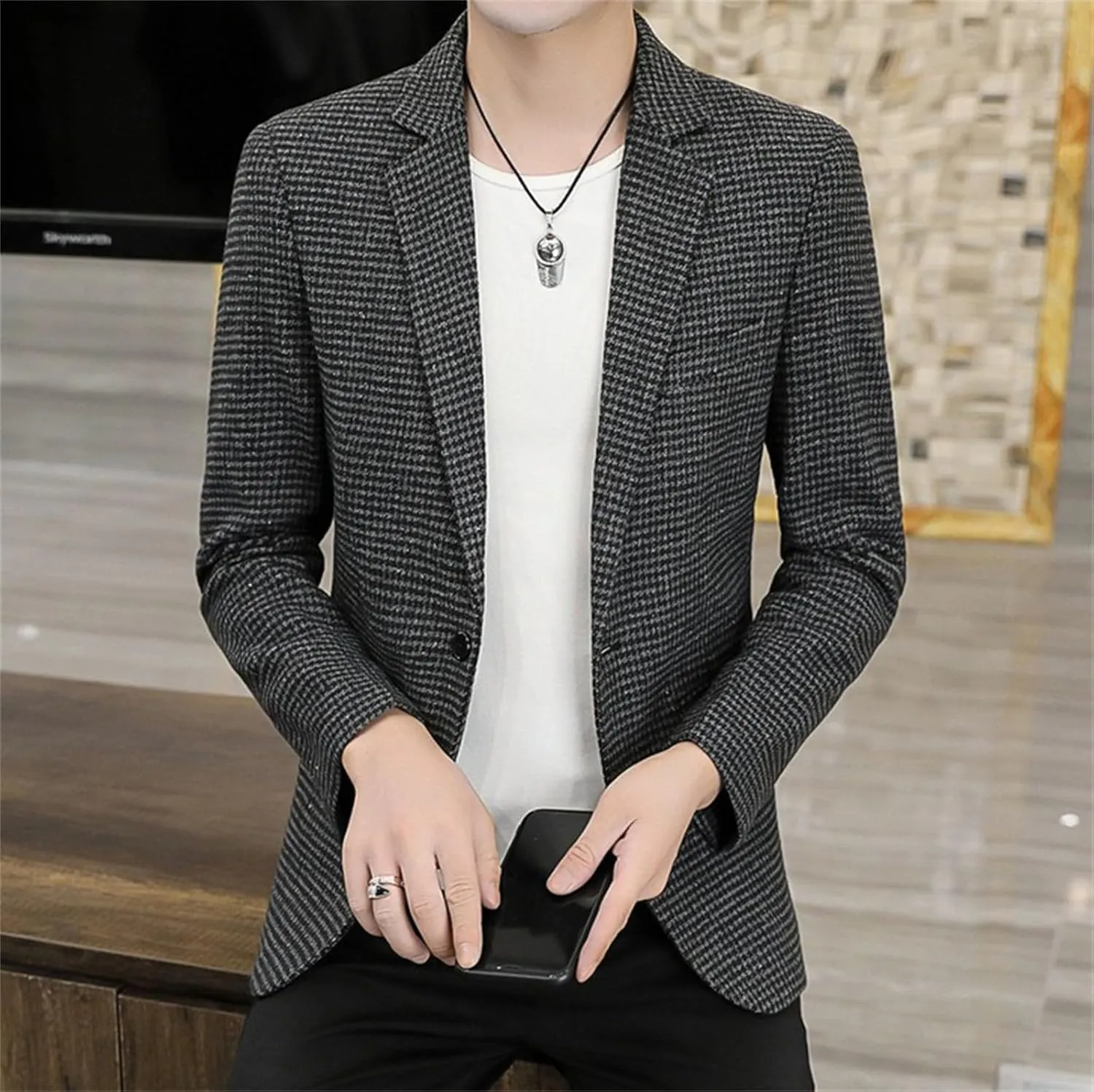 Men's Houndstooth Plaid Slim Fit Tuxedo Prom Wedding Groom Suits Casual One Button Blazer Jacket