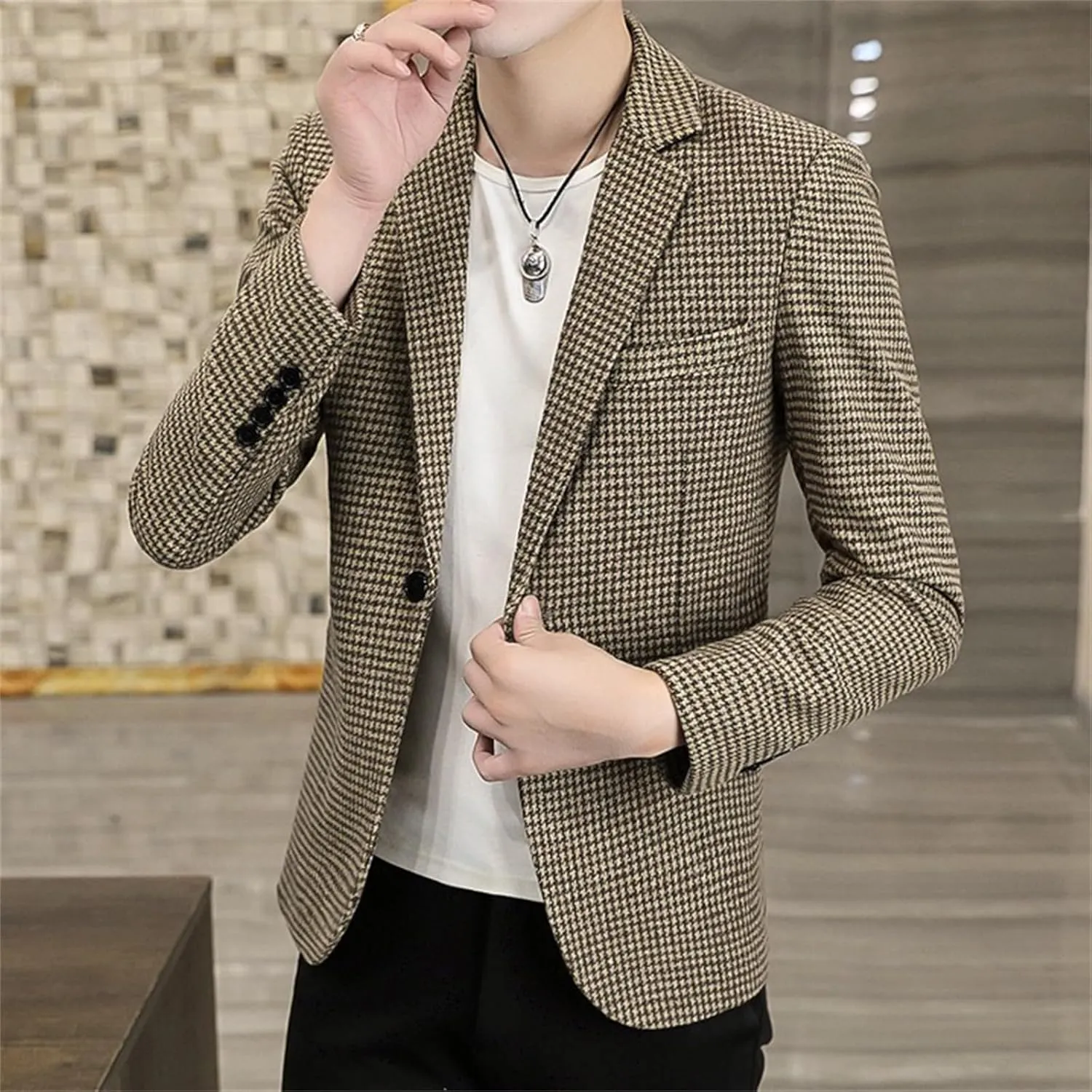 Men's Houndstooth Plaid Slim Fit Tuxedo Prom Wedding Groom Suits Casual One Button Blazer Jacket