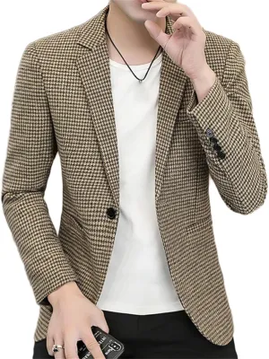 Men's Houndstooth Plaid Slim Fit Tuxedo Prom Wedding Groom Suits Casual One Button Blazer Jacket