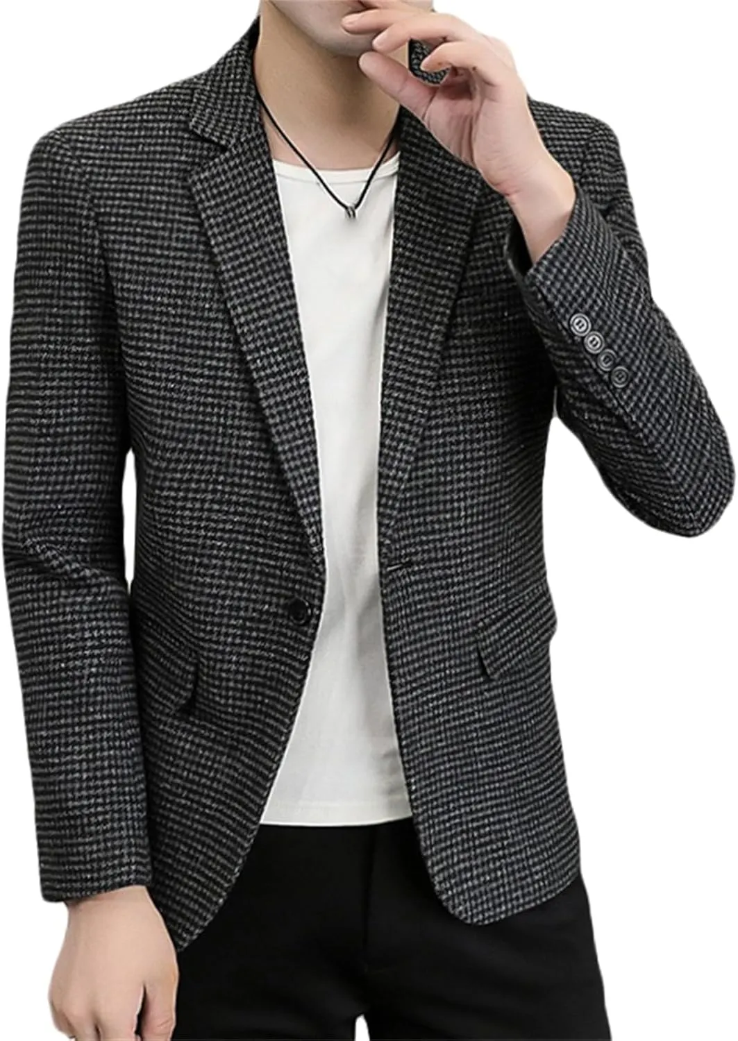 Men's Houndstooth Plaid Slim Fit Tuxedo Prom Wedding Groom Suits Casual One Button Blazer Jacket