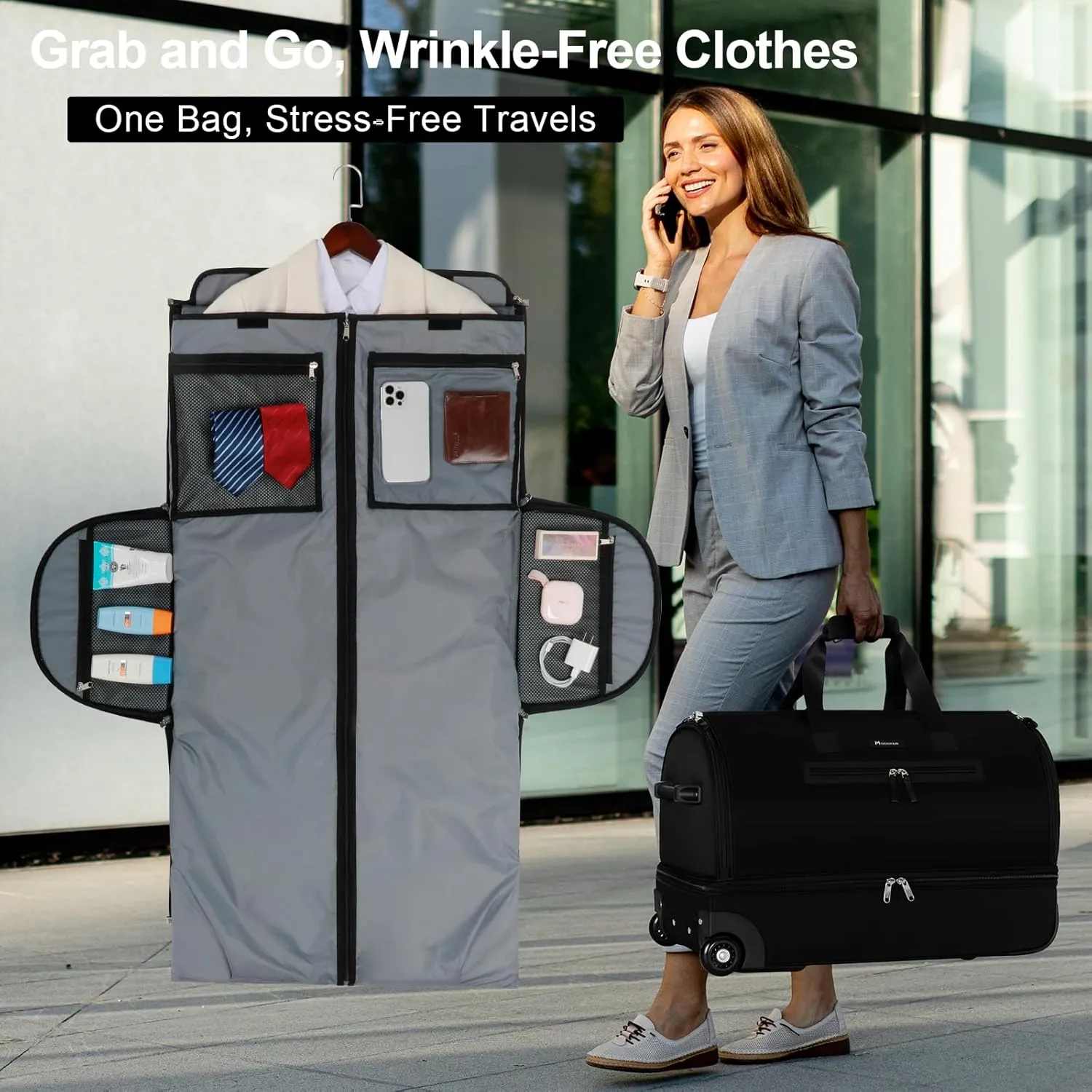 Modoker Convertible Rolling Garment Bag for Travel, Suit Travel Bag with Trolley, Garment Duffel Bag with Wheels & Shoes Compartment for Business Trip, Weekender - Black