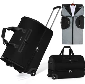 Modoker Convertible Rolling Garment Bag for Travel, Suit Travel Bag with Trolley, Garment Duffel Bag with Wheels & Shoes Compartment for Business Trip, Weekender - Black