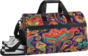 Paisley Floral Ethnic Resistant Sports Gym Bag for Women Men Travel Duffel bag with Wet Pocket & Shoes Compartment Waterproof Weekender Bag 19.7"x9.9"x13"
