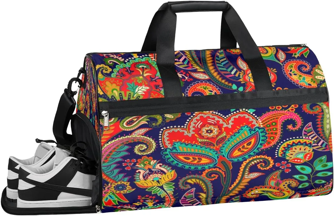 Paisley Floral Ethnic Resistant Sports Gym Bag for Women Men Travel Duffel bag with Wet Pocket & Shoes Compartment Waterproof Weekender Bag 19.7"x9.9"x13"