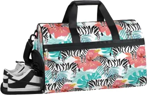Palm Zebras Flowers Resistant Sports Gym Bag for Women Men Travel Duffel bag with Wet Pocket & Shoes Compartment Waterproof Weekender Bag 19.7"x9.9"x13"
