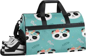Panda Flower Leaves Resistant Sports Gym Bag for Women Men Travel Duffel bag with Wet Pocket & Shoes Compartment Waterproof Weekender Bag 19.7"x9.9"x13"