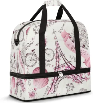 Paris Eiffel Tower Foldable Travel Duffel Bag Tote Carry on Luggage Sport Duffle for Women Men Gym Bag Overnight Weekender Bags with Shoe Compartments and Shoulder Strap