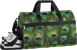 Peacock Feather Resistant Sports Gym Bag for Women Men Travel Duffel bag with Wet Pocket & Shoes Compartment Waterproof Weekender Bag 19.7"x9.9"x13"