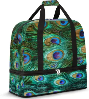 Peacock Feathers Foldable Travel Duffel Bag Tote Carry on Luggage Sport Duffle for Women Men Gym Bag Overnight Weekender Bags with Shoe Compartments & Shoulder Strap