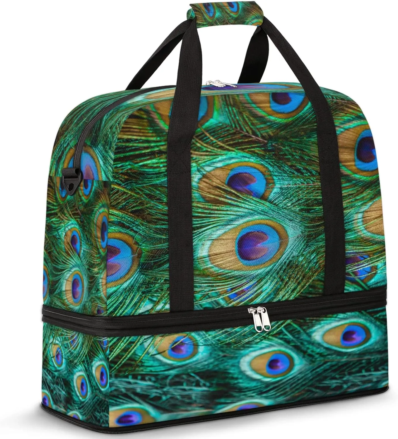 Peacock Feathers Foldable Travel Duffel Bag Tote Carry on Luggage Sport Duffle for Women Men Gym Bag Overnight Weekender Bags with Shoe Compartments & Shoulder Strap