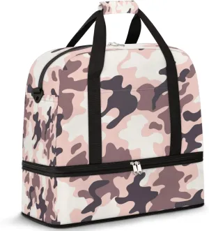 Pink Camo Foldable Travel Duffel Bag Tote Carry on Luggage Sport Duffle for Women Men Gym Bag Overnight Weekender Bags with Shoe Compartments and Shoulder Strap