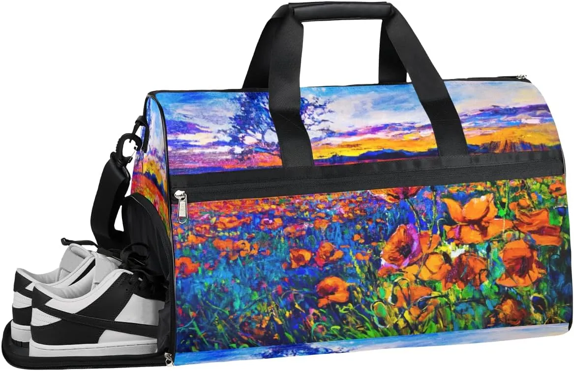 Poppy Oil Painting Resistant Sports Gym Bag for Women Men Travel Duffel bag with Wet Pocket & Shoes Compartment Waterproof Weekender Bag 19.7"x9.9"x13"