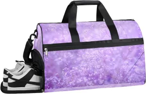 Purple Flowers Resistant Sports Gym Bag for Women Men Travel Duffel bag with Wet Pocket & Shoes Compartment Waterproof Weekender Bag 19.7"x9.9"x13"
