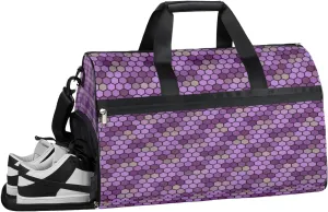 Purple Hexgon Gym Bag for Men Women Fitness Workout Sports Duffle Bag with Shoes Compartment Vintage Retro Water Resistant Overnight Weekender Duffel Bag