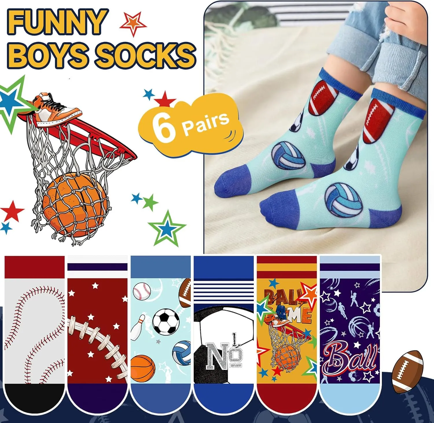 Queenshin Boys Novelty Socks Fun Crazy Funny Cute Cartoon Space Balls Car Animal Games Kids Crew Cotton Socks 6 Pairs