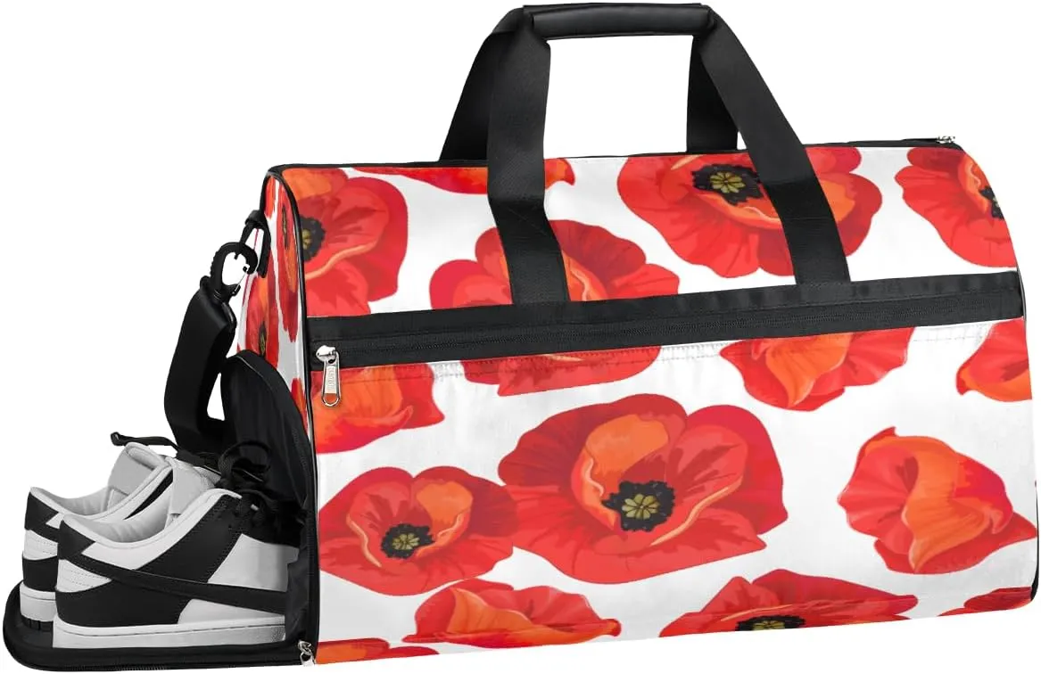 Red Flowers Floral Resistant Sports Gym Bag for Women Men Travel Duffel bag with Wet Pocket & Shoes Compartment Waterproof Weekender Bag 19.7"x9.9"x13"