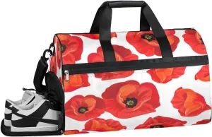 Red Flowers Floral Resistant Sports Gym Bag for Women Men Travel Duffel bag with Wet Pocket & Shoes Compartment Waterproof Weekender Bag 19.7"x9.9"x13"