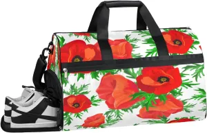 Red Poppy Leaves Resistant Sports Gym Bag for Women Men Travel Duffel bag with Wet Pocket & Shoes Compartment Waterproof Weekender Bag 19.7"x9.9"x13"
