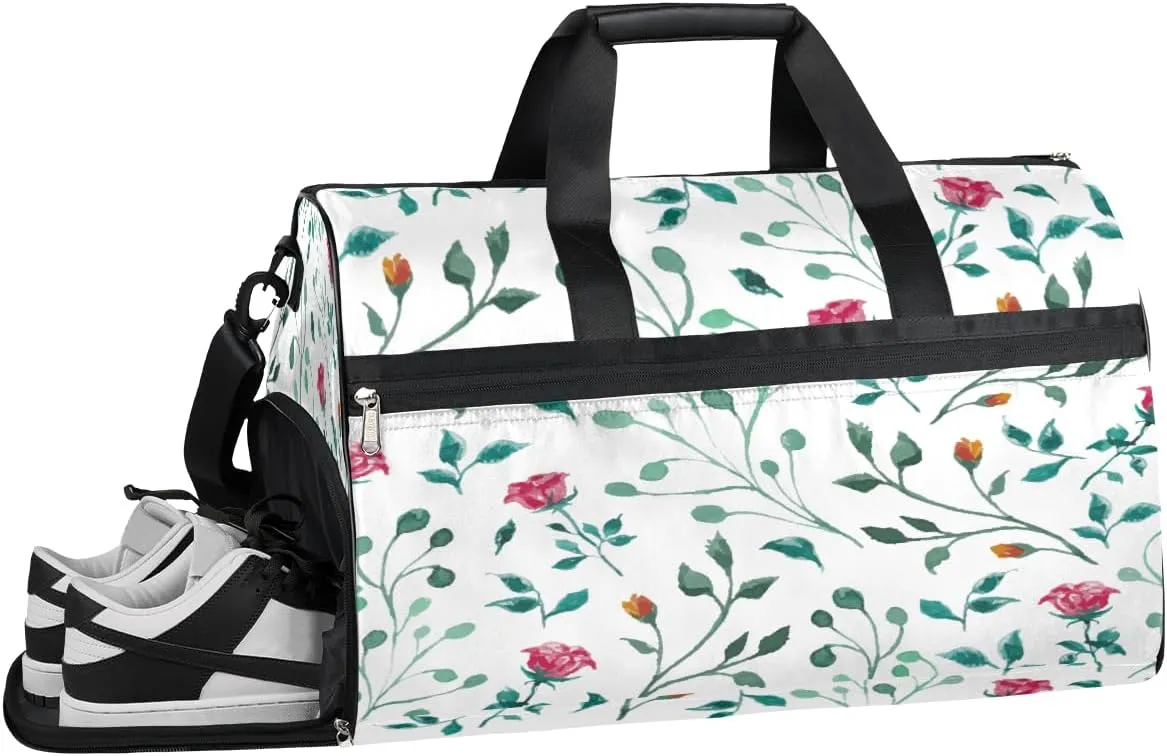 Red Rose Leaf Resistant Sports Gym Bag for Women Men Travel Duffel bag with Wet Pocket & Shoes Compartment Waterproof Weekender Bag 19.7"x9.9"x13"