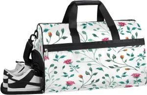 Red Rose Leaf Resistant Sports Gym Bag for Women Men Travel Duffel bag with Wet Pocket & Shoes Compartment Waterproof Weekender Bag 19.7"x9.9"x13"