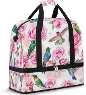Rose Magnolia Flower Hummingbird Foldable Travel Duffel Bag Tote Carry on Luggage Sport Duffle for Women Men Gym Bag Overnight Weekender Bags with Shoe Compartments & Shoulder Strap