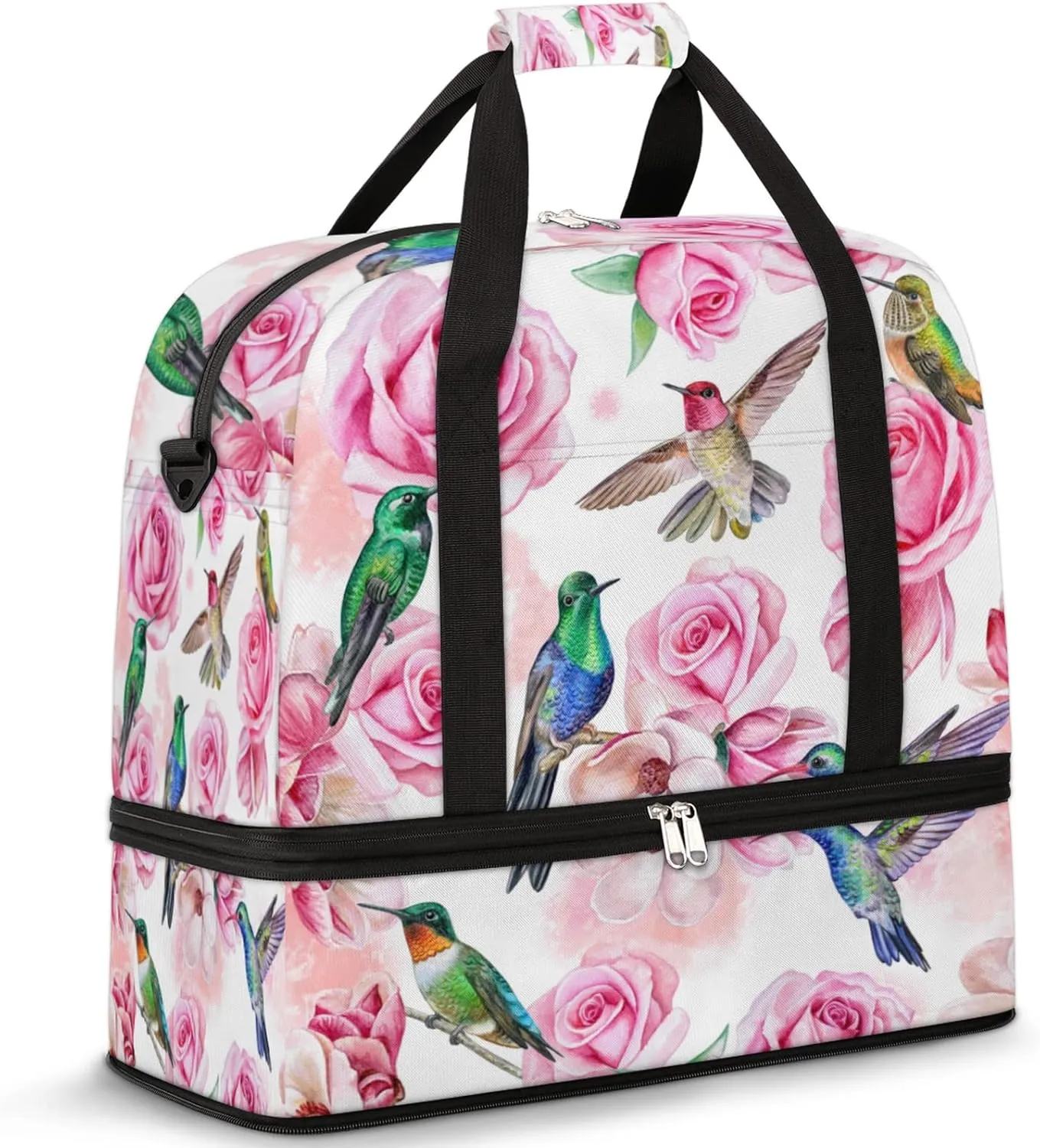 Rose Magnolia Flower Hummingbird Foldable Travel Duffel Bag Tote Carry on Luggage Sport Duffle for Women Men Gym Bag Overnight Weekender Bags with Shoe Compartments & Shoulder Strap