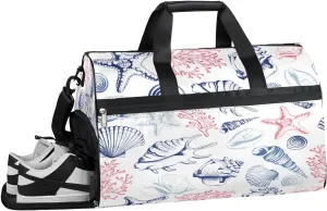 Seashells Corals Starfishes Resistant Sports Gym Bag for Women Men Travel Duffel bag with Wet Pocket & Shoes Compartment Waterproof Weekender Bag 19.7"x9.9"x13"