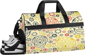 Skull Flowers Resistant Sports Gym Bag for Women Men Travel Duffel bag with Wet Pocket & Shoes Compartment Waterproof Weekender Bag 19.7"x9.9"x13"