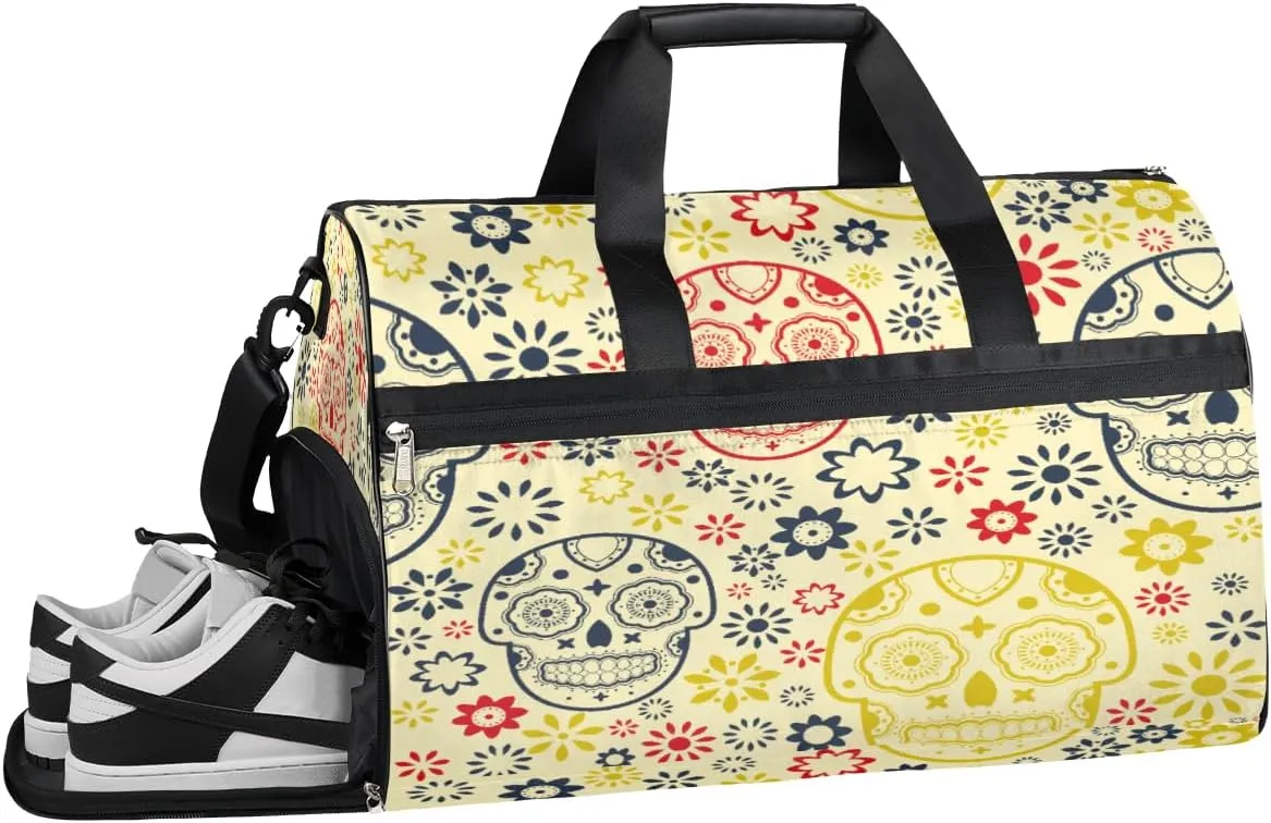 Skull Flowers Resistant Sports Gym Bag for Women Men Travel Duffel bag with Wet Pocket & Shoes Compartment Waterproof Weekender Bag 19.7"x9.9"x13"