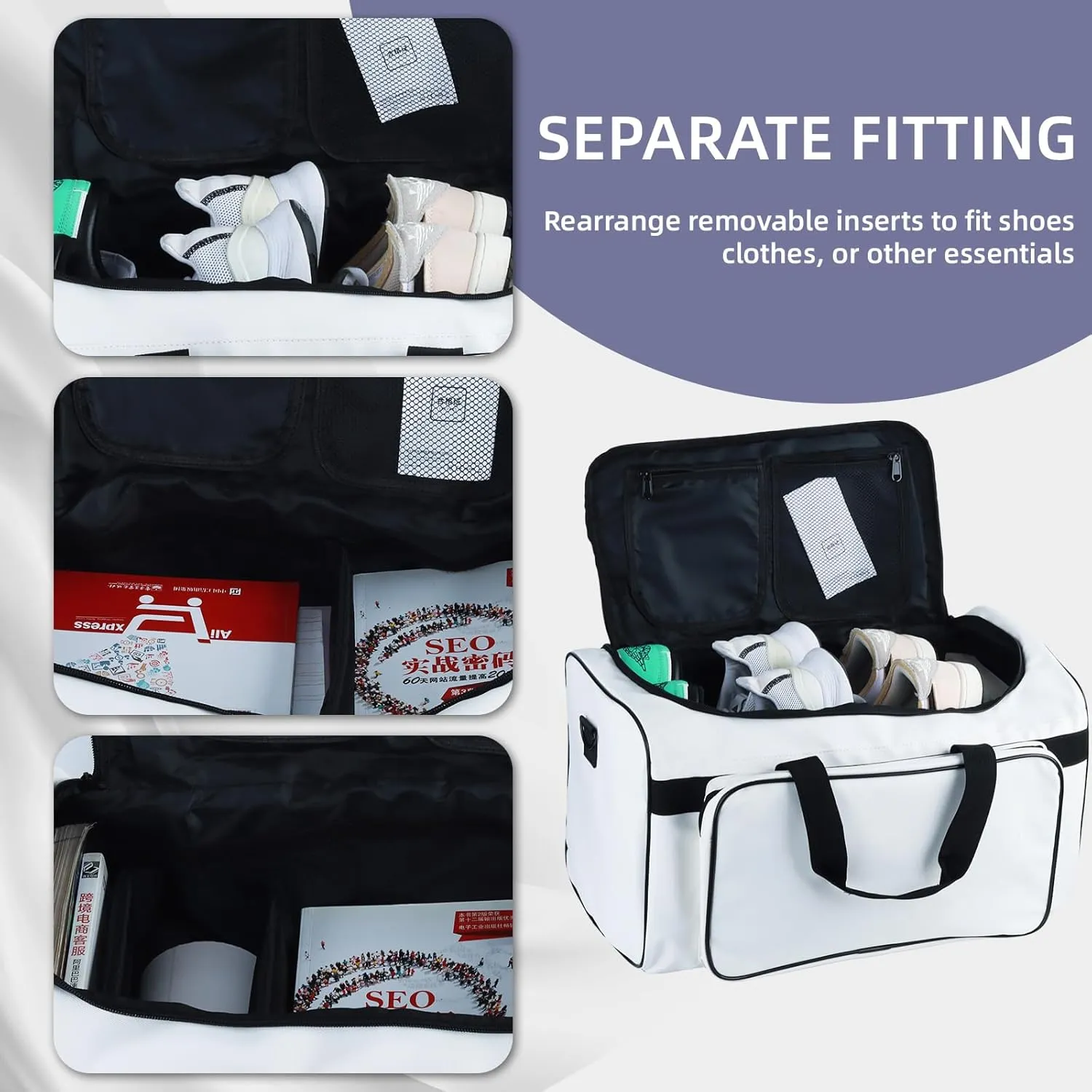 Sneaker Bag for Travel with 3 Adjustable Dividers for 4 Pairs of Shoes, 30L Outdoor Sports Bag/Gym Bag with Detachable Shoulder(White)
