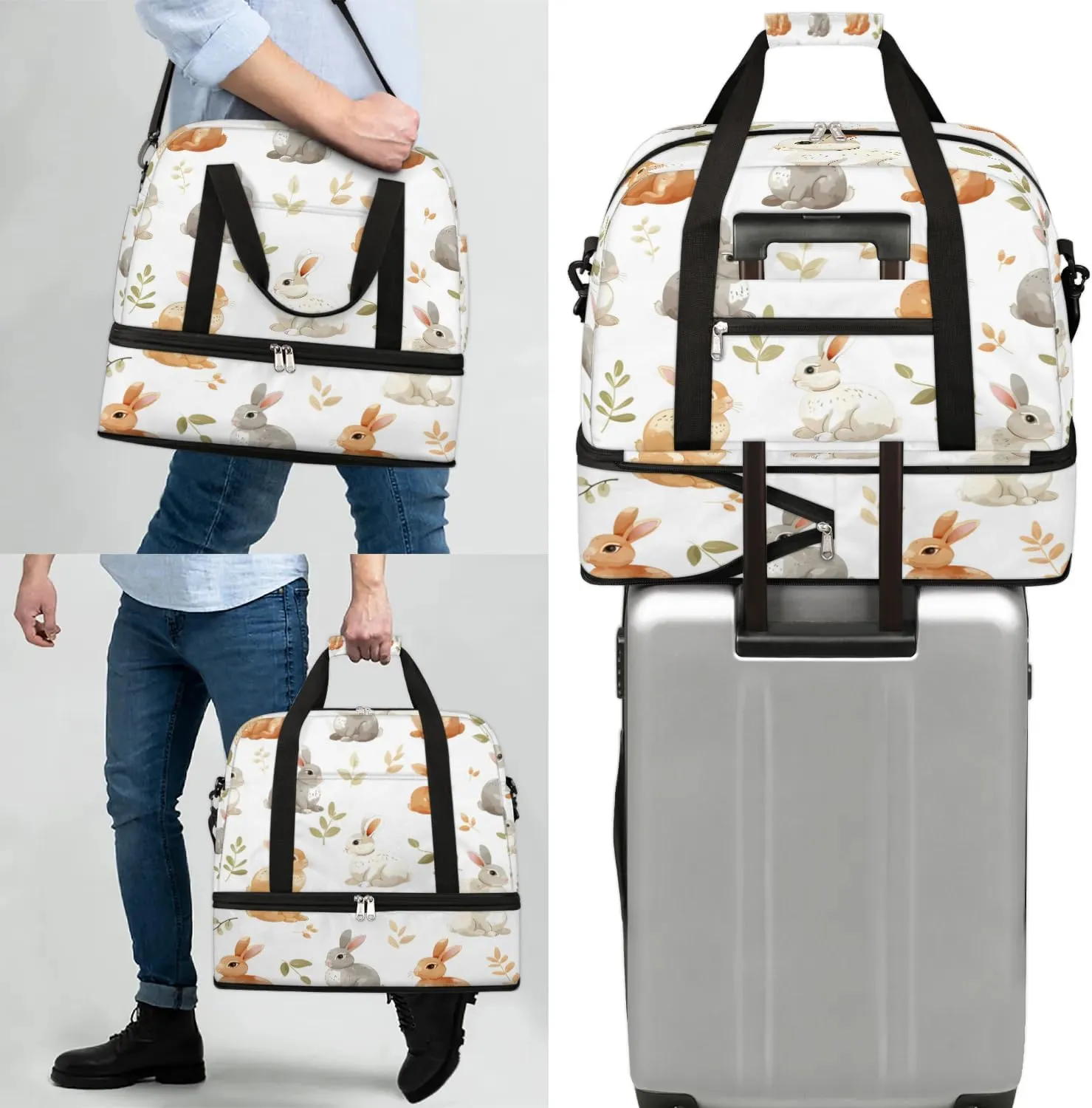 Sports Duffel Bag, Foldable Animals Rabbits Travel Duffel Bag, Gym Yoga Beach Bag Weekender Overnight Bag with Shoes Compartment for Men Women, Wild Rabbits