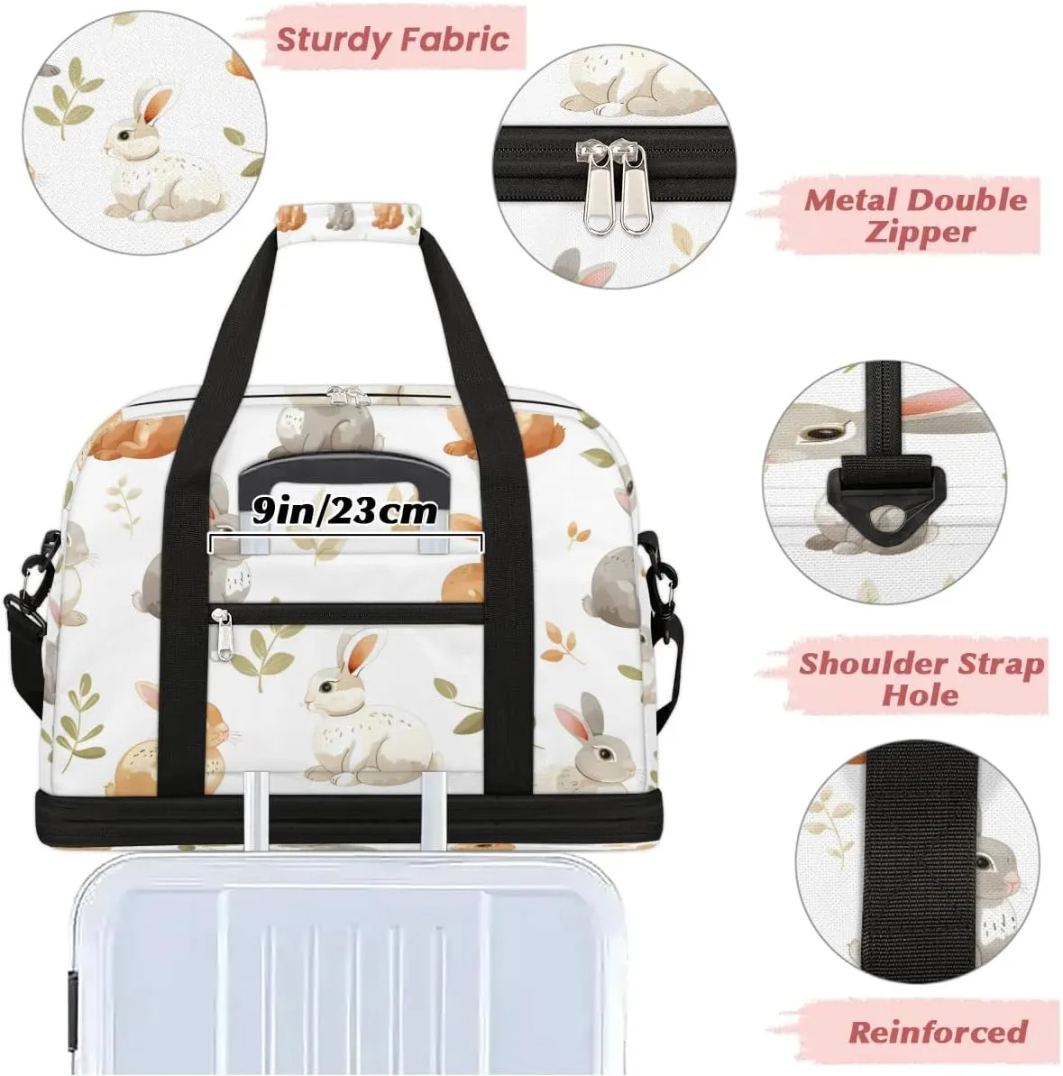 Sports Duffel Bag, Foldable Animals Rabbits Travel Duffel Bag, Gym Yoga Beach Bag Weekender Overnight Bag with Shoes Compartment for Men Women, Wild Rabbits