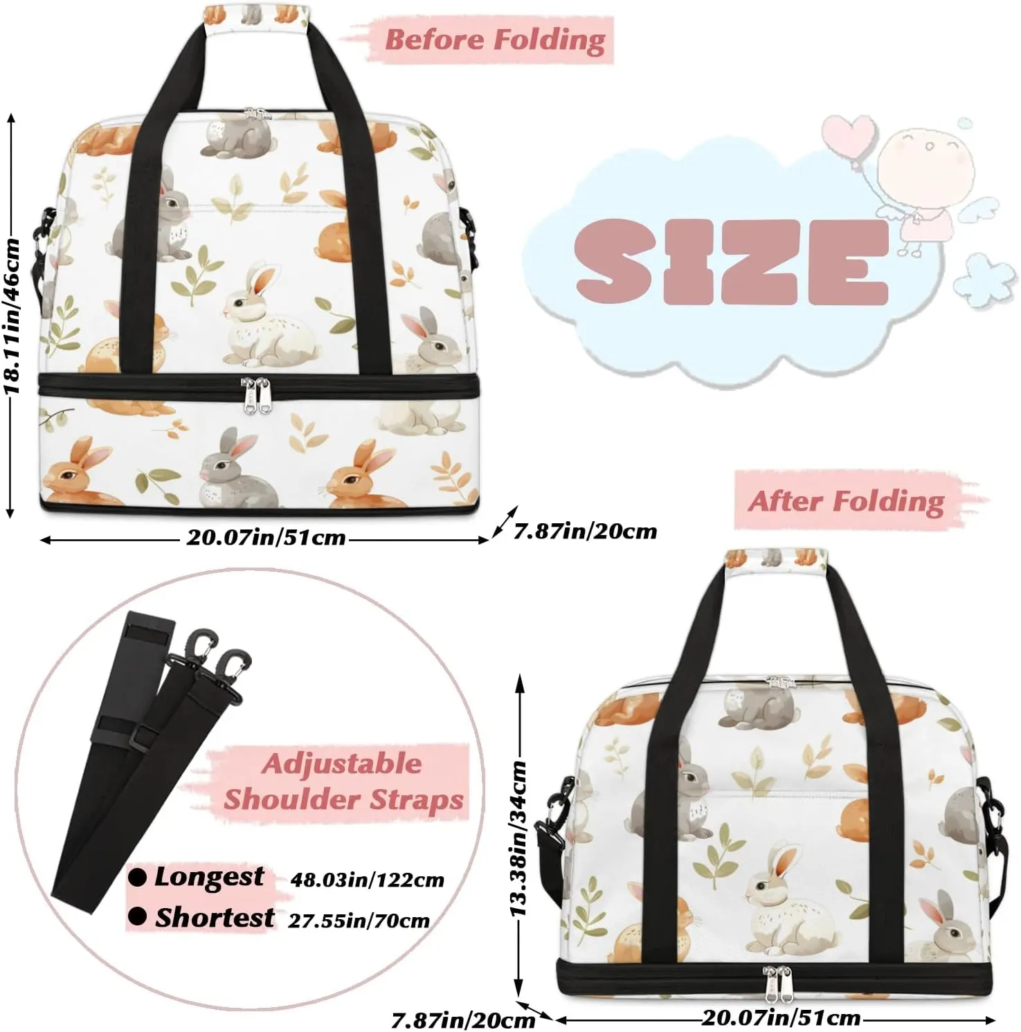 Sports Duffel Bag, Foldable Animals Rabbits Travel Duffel Bag, Gym Yoga Beach Bag Weekender Overnight Bag with Shoes Compartment for Men Women, Wild Rabbits