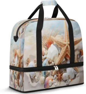 Sports Duffel Bag, Foldable Beach Seashell Travel Duffel Bag, Gym Yoga Beach Bag Weekender Overnight Bag with Shoes Compartment for Men Women, Starfish Shell