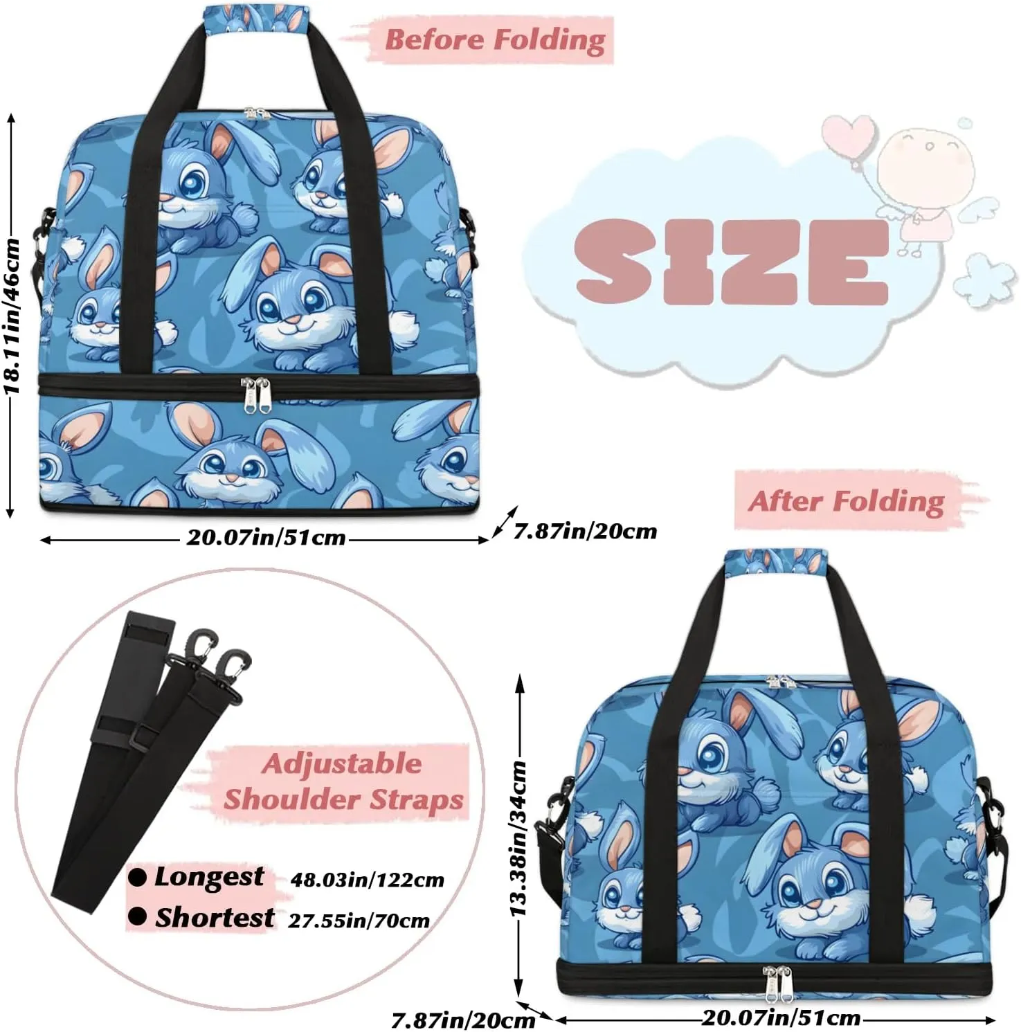 Sports Duffel Bag, Foldable Easter Bunny Travel Duffel Bag, Gym Yoga Beach Bag Weekender Overnight Bag with Shoes Compartment for Men Women, Rabbits