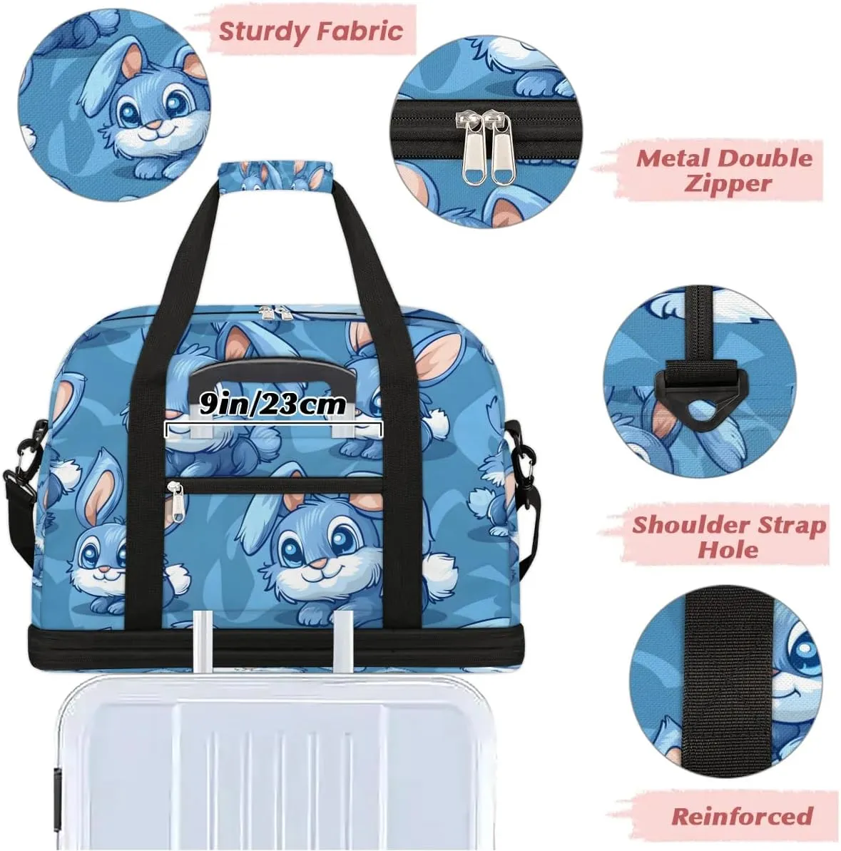 Sports Duffel Bag, Foldable Easter Bunny Travel Duffel Bag, Gym Yoga Beach Bag Weekender Overnight Bag with Shoes Compartment for Men Women, Rabbits