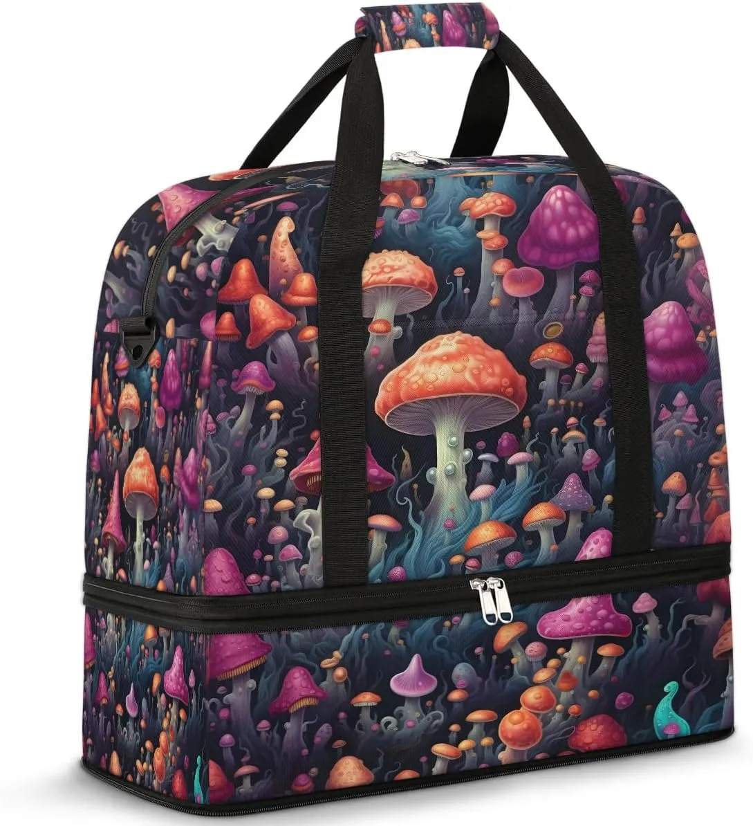 Sports Duffel Bag, Foldable Mushrooms Travel Duffel Bag, Gym Yoga Beach Bag Weekender Overnight Bag with Shoes Compartment for Men Women, Different Mushrooms