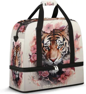 Sports Duffel Bag, Foldable Tiger Travel Duffel Bag, Gym Yoga Beach Bag Weekender Overnight Bag with Shoes Compartment for Men Women, Red Flower Tiger