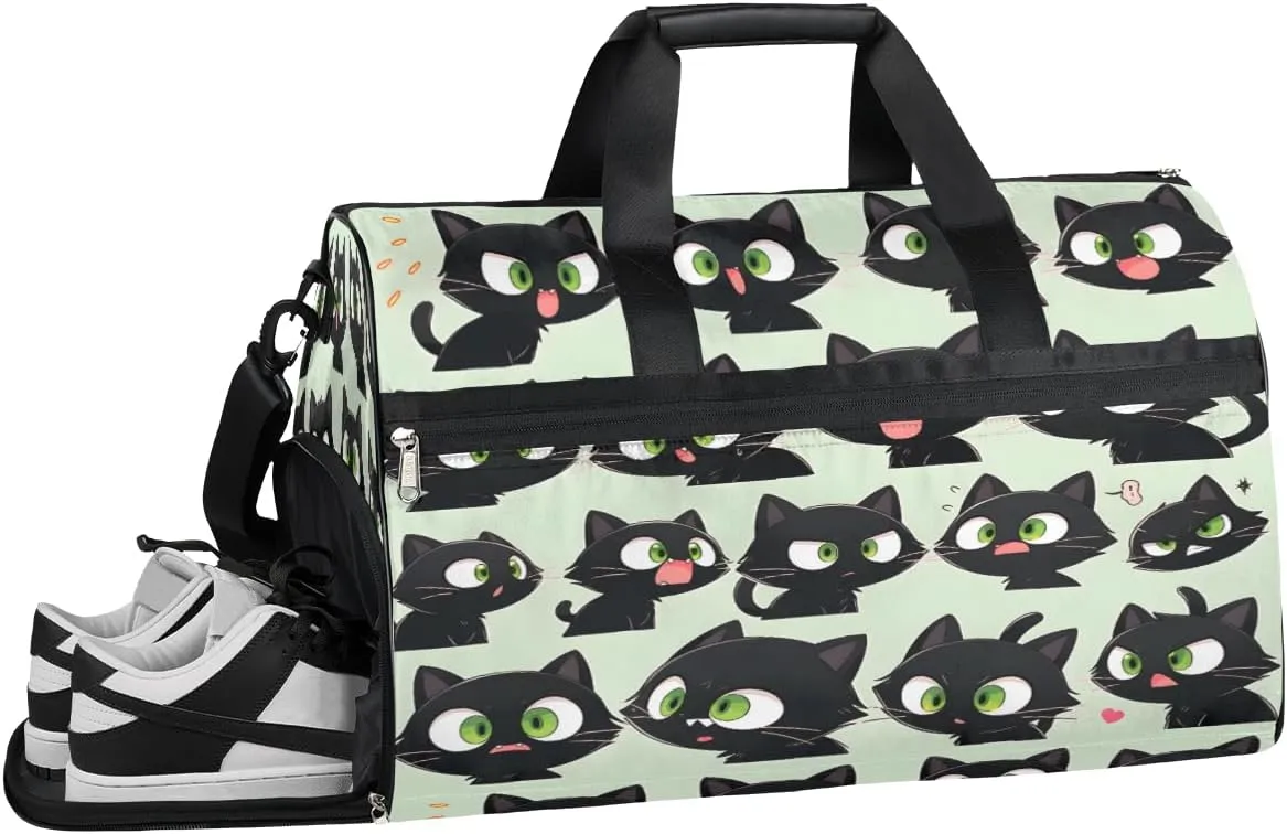 Sports Gym Bag Women Men with Wet Pocket & Shoes Compartment, Black Cats Dizzy Travel Duffel Bag, Workout Dance Bag Tote Bags, Carry On Weekender