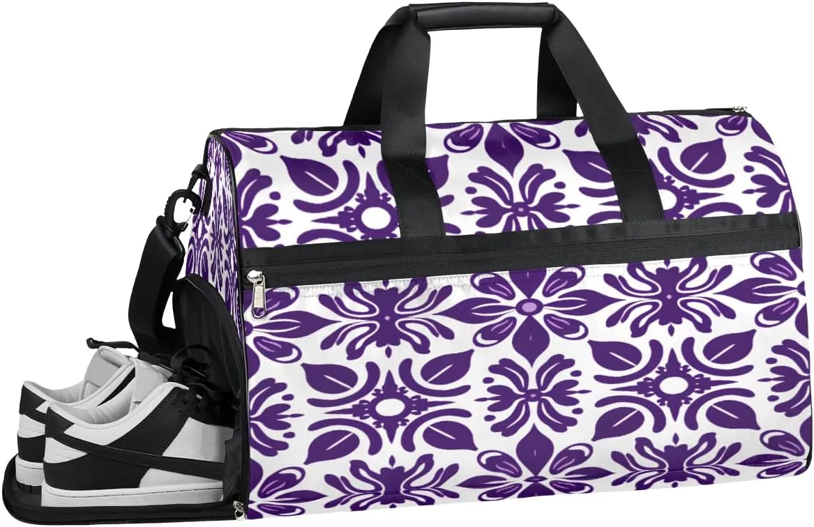 Sports Gym Bag Women Men with Wet Pocket & Shoes Compartment, Purple Color Portugeuse_tiles Travel Duffel Bag, Workout Dance Bag Tote Bags, Carry On Weekender